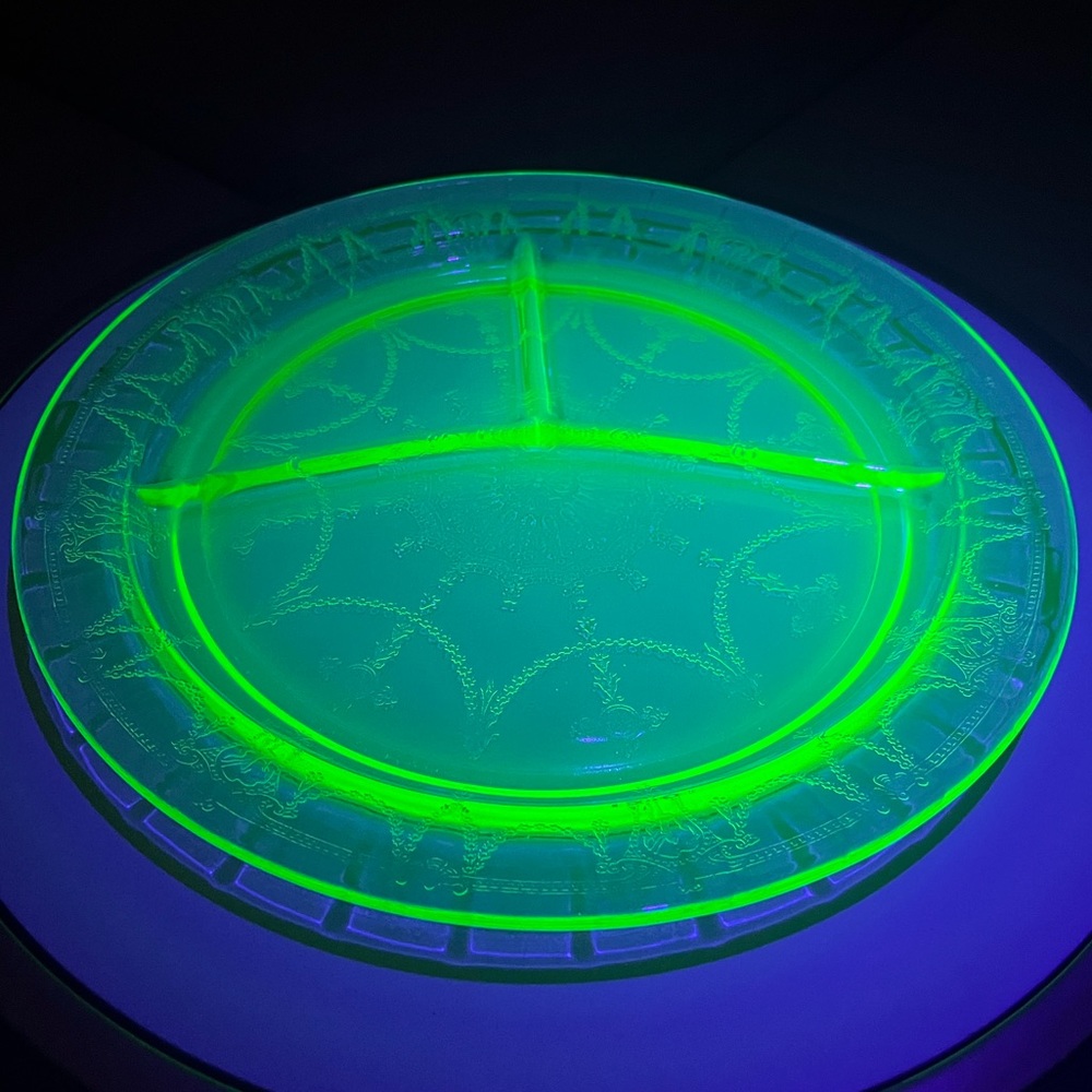 1930s Uranium Cameo/Ballerina Depression Glass Divided Plate